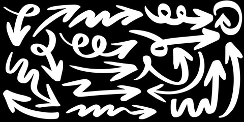 collection of hand drawn white arrows on a black background, perfect for presentations, infographics, and creative projects.