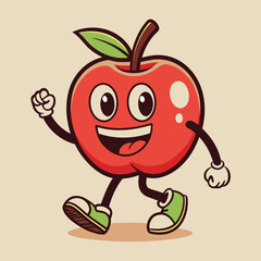 Groovy apple mascot. Funky retro character. cartoon apple, smiling, walking. Funny vintage trendy style character. Doodle Comic collection 