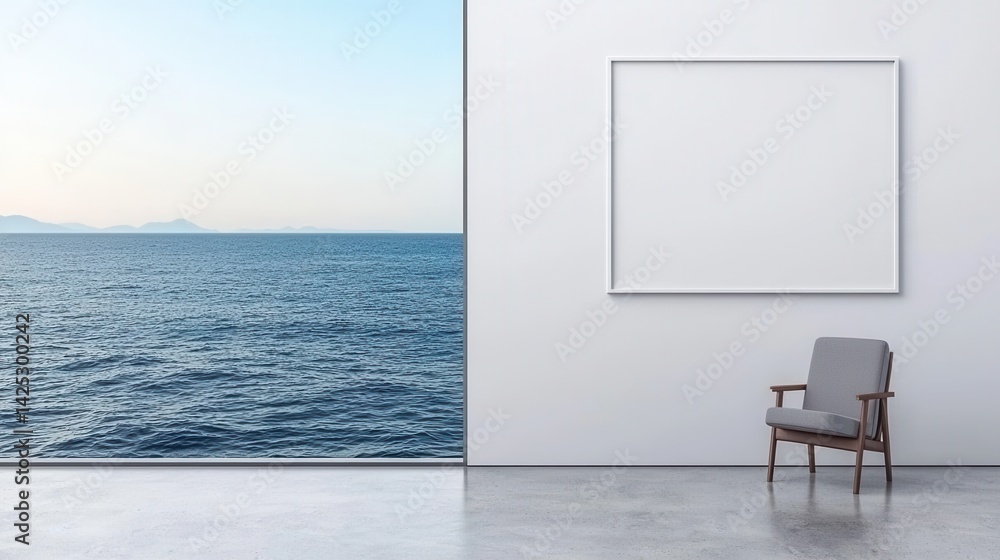 Poster modern minimalist room with ocean view and empty picture frame