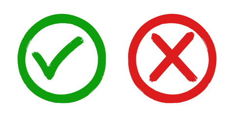 Set of flat design icons showing a green check mark and a red cross. These symbols are commonly used to represent correct vs. incorrect, approval vs. rejection, and right vs. wrong concepts.