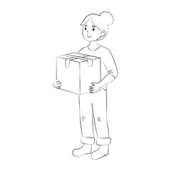A girl holds a box in her hands. Moving. Linear black and white illustration.