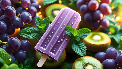 Stunning Visual of Grape Kiwi Popsicle with Mint Accents