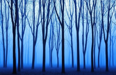 Misty Blue Forest with Bare Trees in Ethereal Atmosphere