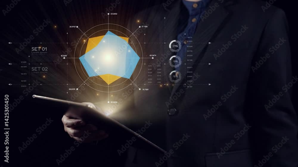 Aufkleber a professional man dressed in a suit is holding a tablet, surrounded by a futuristic digital interfa