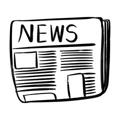 Hand drawn outline of a newspaper icon in doodle style. 
