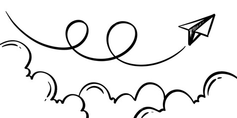 Hand drawn doodle of a flying paper plane icon. This black and white sketch style illustration is perfect for creative concepts such as freedom, travel, imagination, or communication.