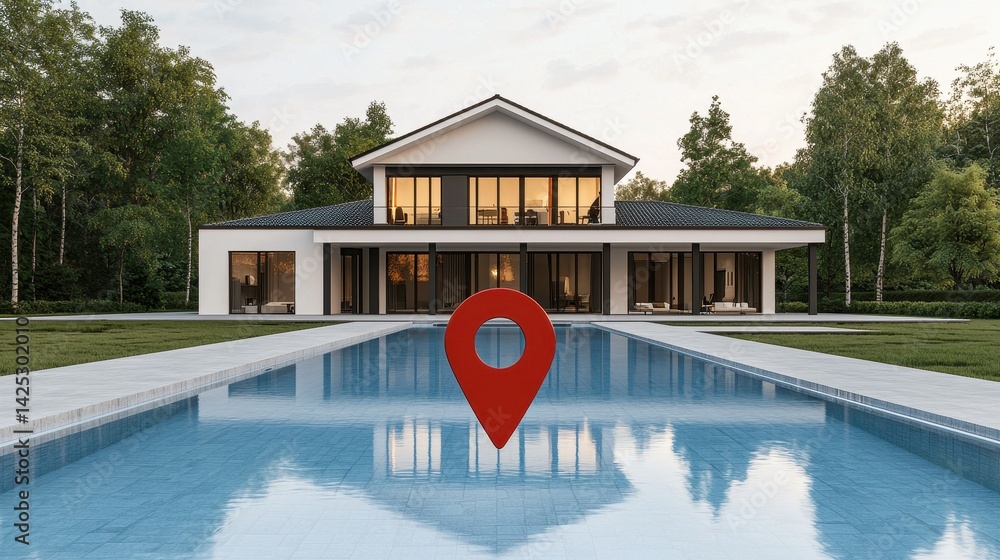 Poster modern house with pool and location pin icon in tranquil setting
