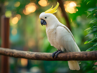Fototapeta premium Majestic cockatoo perched on a branch in a lush, tropical setting, symbolizing exotic wildlife and natural beauty. Perfect for nature documentaries, birdwatching guides, and conservation campaigns.