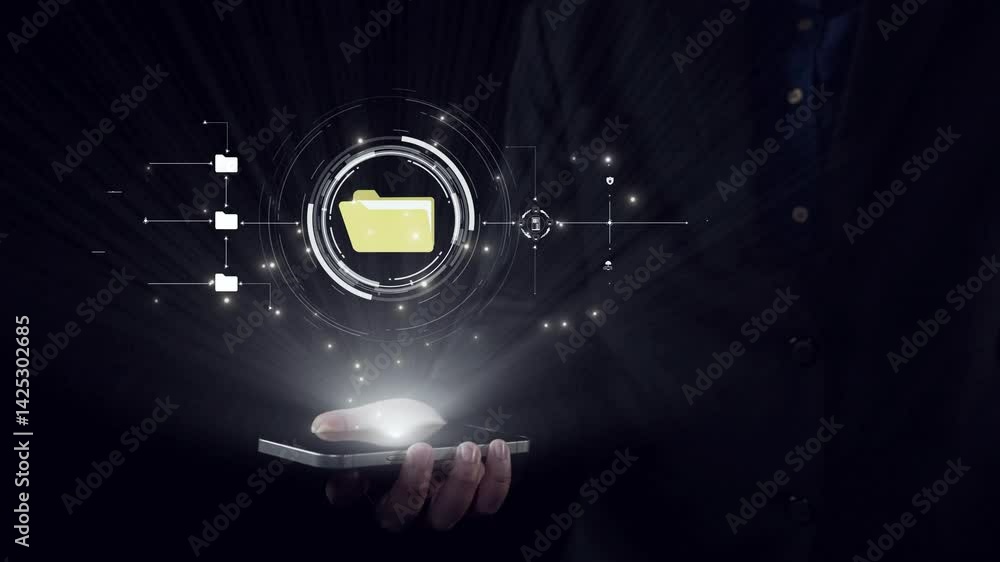 Poster business person managing online documents folders for efficient work processes. ensure secure and qu
