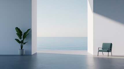 Minimalist Interior with Ocean View and Modern Green Plant