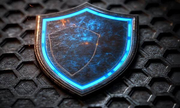 Metallic shield with glowing blue outlines, set on a dark, patterned surface