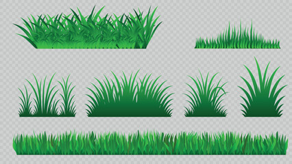 Set of green grass elements in various styles. Includes silhouettes and semi-realistic blades. Perfect for nature, landscape, and eco-themed designs.