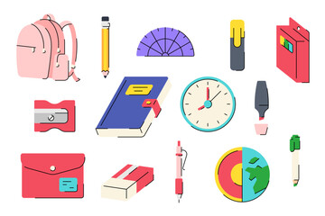 School supplies and stationery items in a colorful illustration.