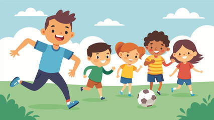 A group of smiling kids dash across the field chasing after a ball during a friendly game of soccer as their coach cheers them on.. Vector illustration