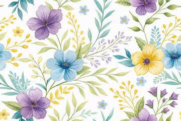 A delicate, repeating floral pattern in soft watercolor hues of purple, blue, and yellow with varied flower shapes and green foliage on white