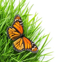 Obraz premium Vibrant Monarch Butterfly Resting on Fresh Green Grass Background