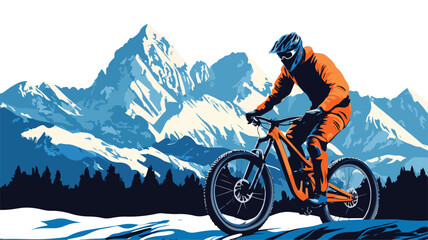 Naklejka premium Mountain Biking Adventure: Man Riding Bike in Front of Majestic Mount