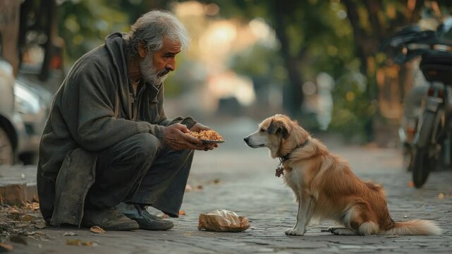 Unwavering Bond: A tender moment captured as a caring individual offers food to a loyal canine companion, representing the essence of empathy and selfless care.