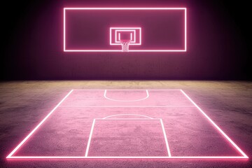 Neon Basketball Court with Bright Pink Lines and Dark Background