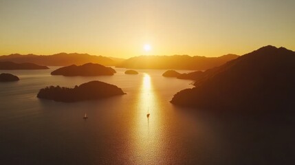 Golden Hour Sunset over Serene Islands and Calm Waters
