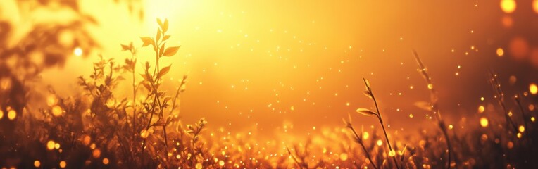 Fototapeta premium Golden Sunrise Through Meadow Grass, Golden Light Filtering Through Plants, Bokeh Effect, and Warm Autumn Hues