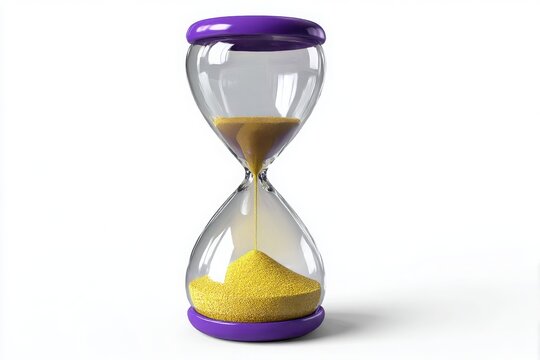 A 3D rendering of a purple and clear hourglass with yellow sand isolated on a white background symbolizing time and deadlines