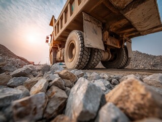 Fototapeta premium Massive dump truck at a quarry, symbolizing construction, industry, and hard work. Ideal for construction companies, mining operations, infrastructure projects.