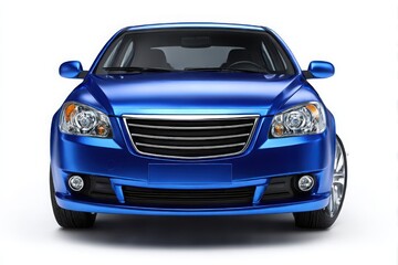 A front view of a blue car isolated on a clean white background showcasing its design and automotive features