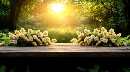 Wooden table with spring flowers in a park