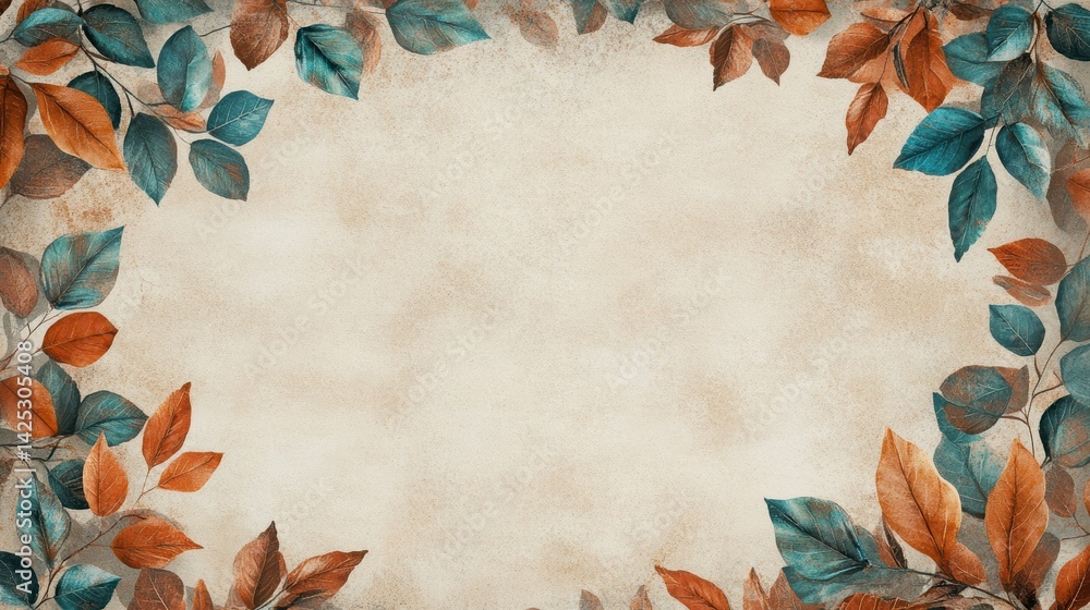 Poster autumn leaves frame on textured background with copy space.