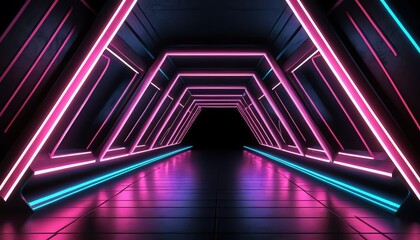Fototapeta premium Futuristic Neon Tunnel Corridor Pink Blue Lighting Sci Fi Background