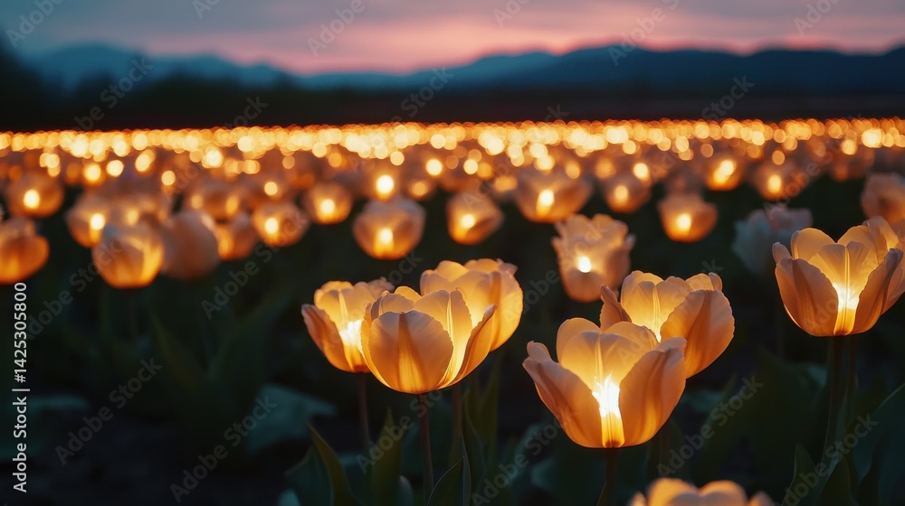 Poster luminous tulips bloom in an illuminated field at twilight, their petals glowing with a soft, warm li