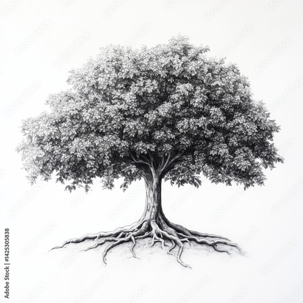 Poster detailed pencil drawing of a mature tree with an intricate root system and full canopy of leaves on 