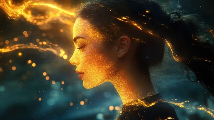 Glowing Woman Silhouette with Flowing Golden Energy and Dark Hair in Dreamy Blue Atmosphere
