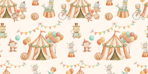 Seamless watercolor pattern with cute circus. Childish hand drawn background with funny animals and tent on beige. © Elena