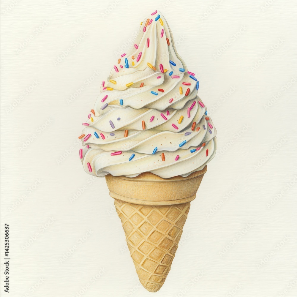 Poster detailed illustration of vanilla soft serve ice cream cone with colorful sprinkles on textured cream