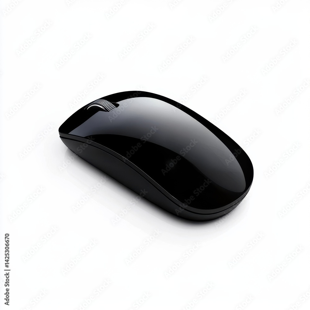 Poster sleek black wireless computer mouse lying flat on a white surface, close-up view with reflections an