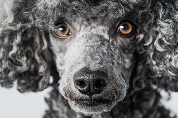 Close-up studio portrait of a strong and elegant Poodle, with glossy, well-groomed curly fur
