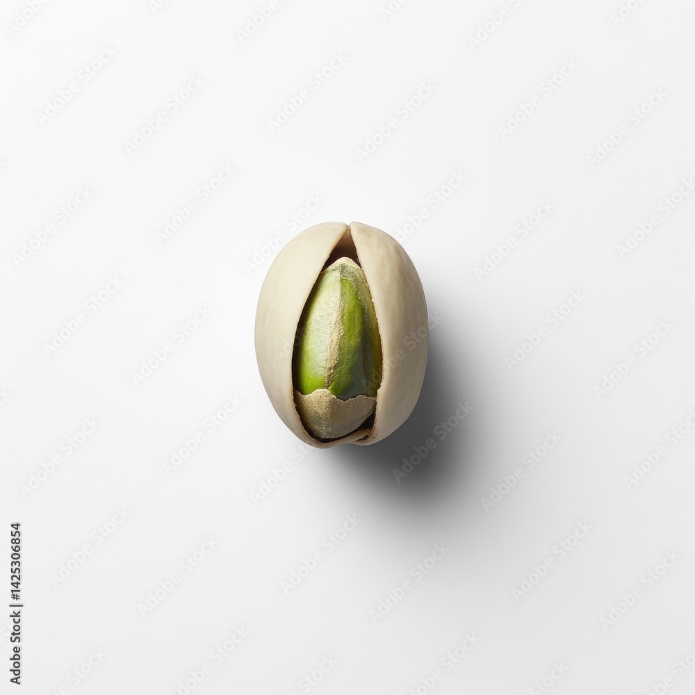 Poster Single pistachio nut with its beige shell slightly open, revealing the green kernel, isolated on a clean white background with soft shadows.