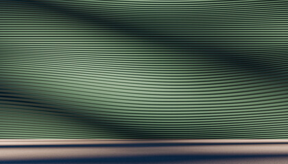 Minimalistic modern background with wavy green lines, abstract geometric pattern, futuristic wall design, soft shadows on textured surface, empty space for product placement
