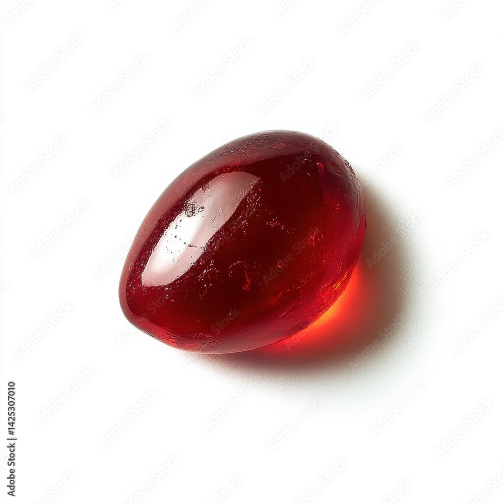 Poster single fresh pomegranate seed with glossy ruby red skin on white background, illuminated with bright