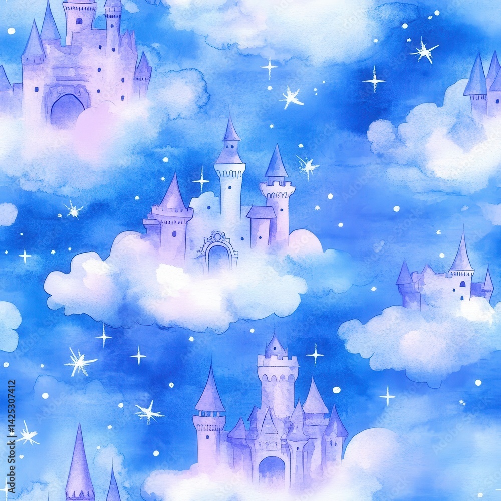 Aufkleber whimsical watercolor pattern with dreamy castles in the clouds and sparkling stars against a blue gr