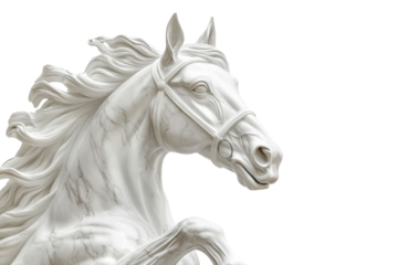 Majestic White Marble Horse Sculpture a breathtaking equine masterpiece against a black background exquisite detail flowing mane elegant on transparent background