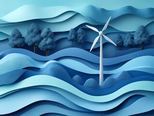 Wind Turbine on Blue Waves with Paper Art Style Landscape Design