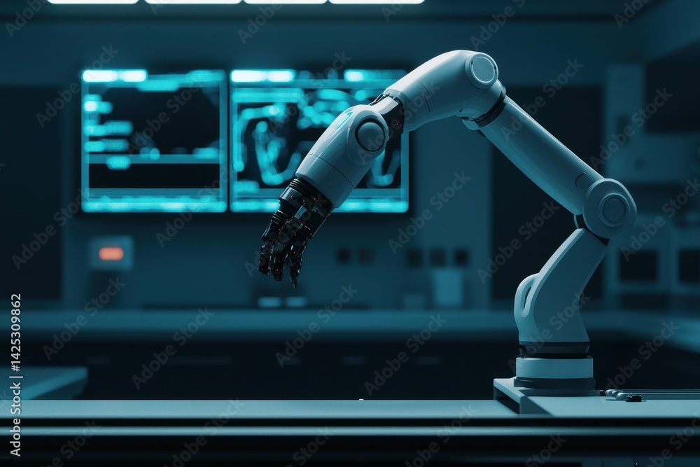 Aufkleber futuristic robotic arm in advanced laboratory setting with screens