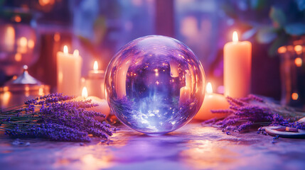 Crystal ball standing on a table near candles and dried lavender and herbs for a magic ritual on a purple background