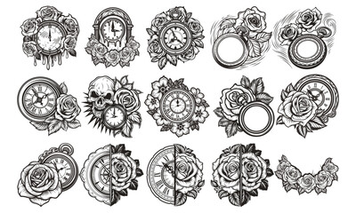Collection of vintage clocks with roses and other elements
