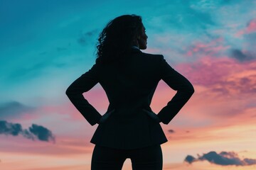 Confident Woman Silhouette Against Vibrant Sunset Sky Background