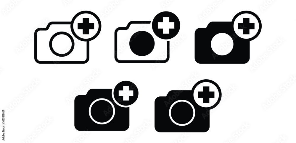 Poster black and white camera icons with plus sign add photo interface symbols vector design