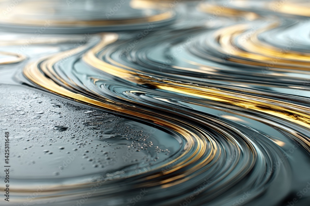 Poster swirling abstract patterns of crude oil with metallic reflections under soft light